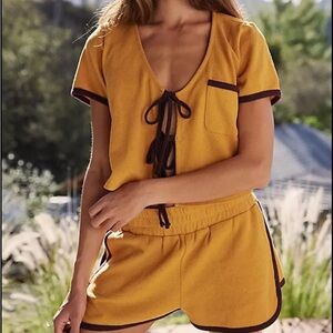 Free People Mustard Yellow with Brown Trim Top & Shorts Set